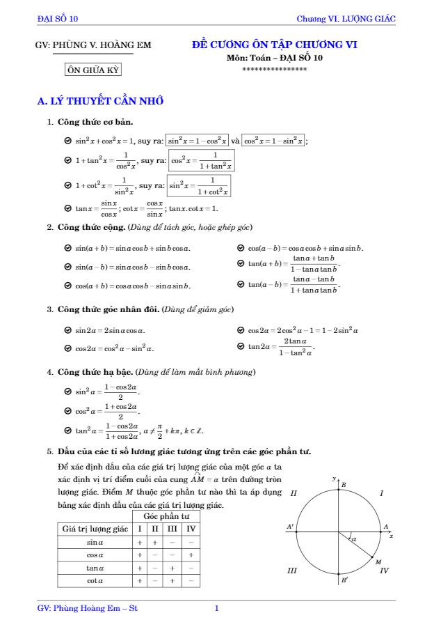 Đề cương ôn tập cung và góc lượng giác, công thức lượng giác Phùng Hoàng Em