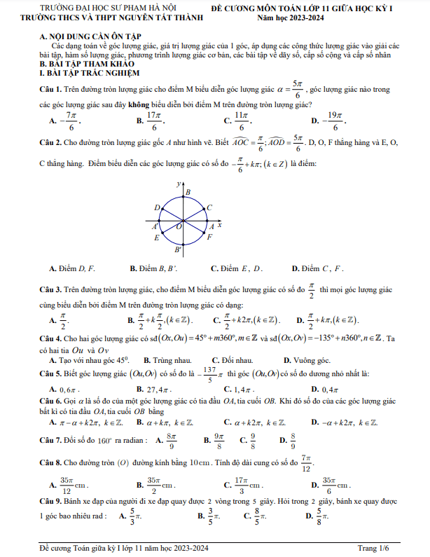 Đề cương Toán 11 giữa kỳ 1 năm 2023 2024 trường Nguyễn Tất Thành Hà Nội