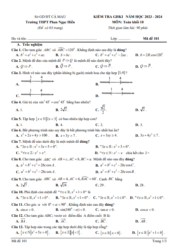Đề giữa HK1 Toán 10 năm 2023 2024 trường THPT Phan Ngọc Hiển Cà Mau