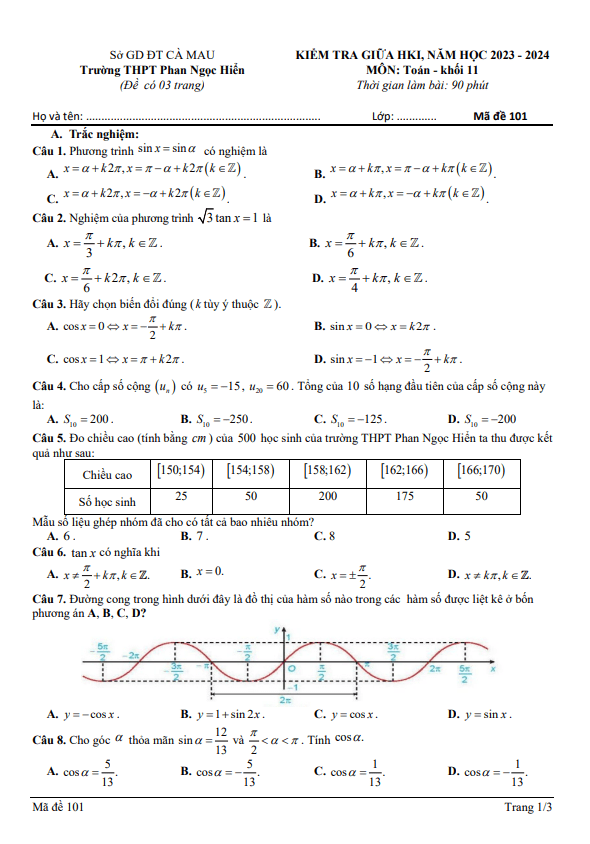 Đề giữa HK1 Toán 11 năm 2023 2024 trường THPT Phan Ngọc Hiển Cà Mau