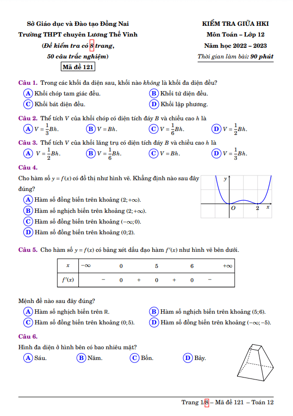 Đề giữa HK1 Toán 12 năm 2022 2023 trường chuyên Lương Thế Vinh Đồng Nai