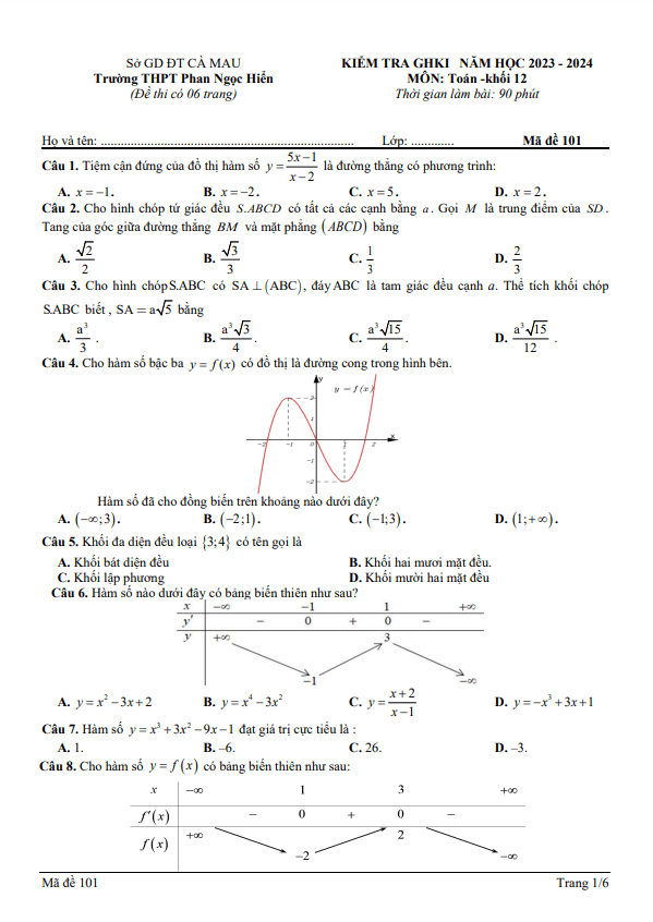 Đề giữa HK1 Toán 12 năm 2023 2024 trường THPT Phan Ngọc Hiển Cà Mau