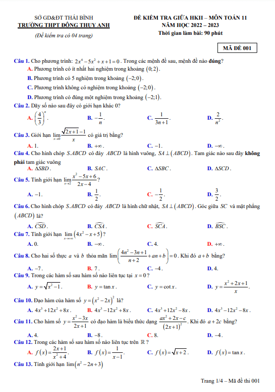 Đề giữa HK2 Toán 11 năm 2022 2023 trường THPT Đông Thụy Anh Thái Bình
