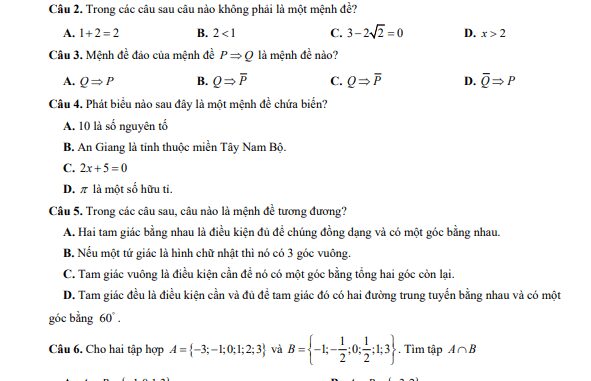 Đề giữa HKI Toán 10 năm 2023 2024 trường THPT Quang Trung Hải Dương