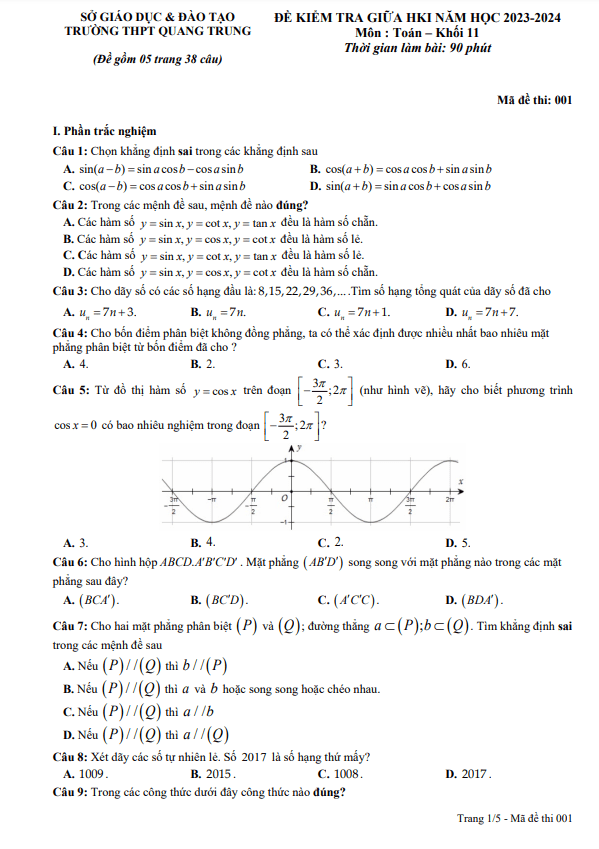 Đề giữa HKI Toán 11 năm 2023 2024 trường THPT Quang Trung Hải Dương