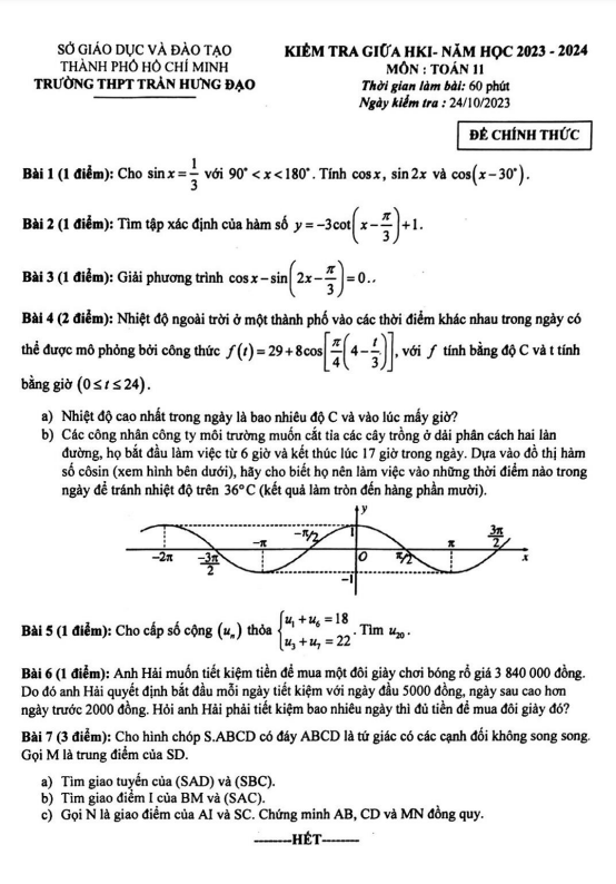 Đề giữa HKI Toán 11 năm 2023 2024 trường THPT Trần Hưng Đạo TP HCM