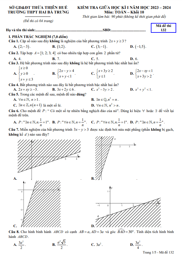 Đề giữa học kì 1 Toán 10 năm 2023 2024 trường THPT Hai Bà Trưng TT Huế