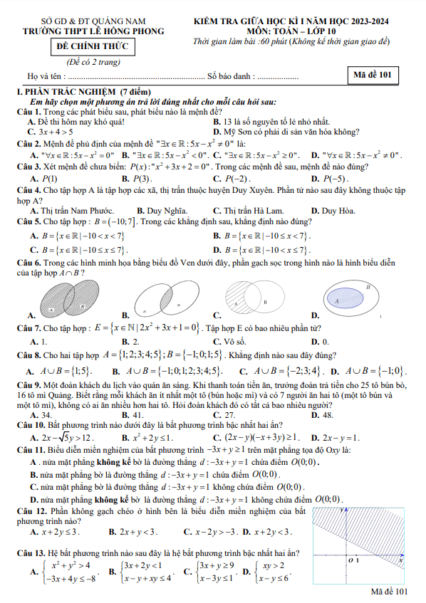 Đề giữa học kì 1 Toán 10 năm 2023 2024 trường THPT Lê Hồng Phong Quảng Nam