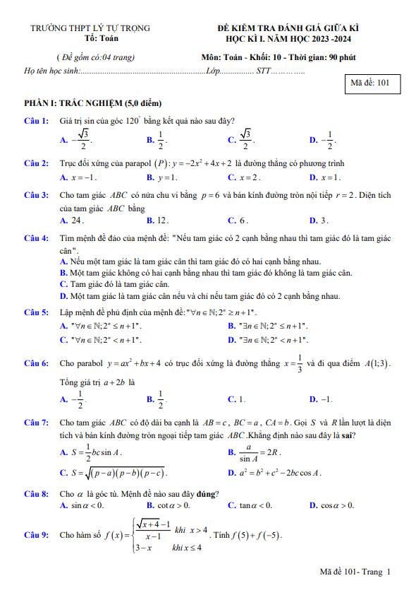 Đề giữa học kì 1 Toán 10 năm 2023 2024 trường THPT Lý Tự Trọng Khánh Hòa