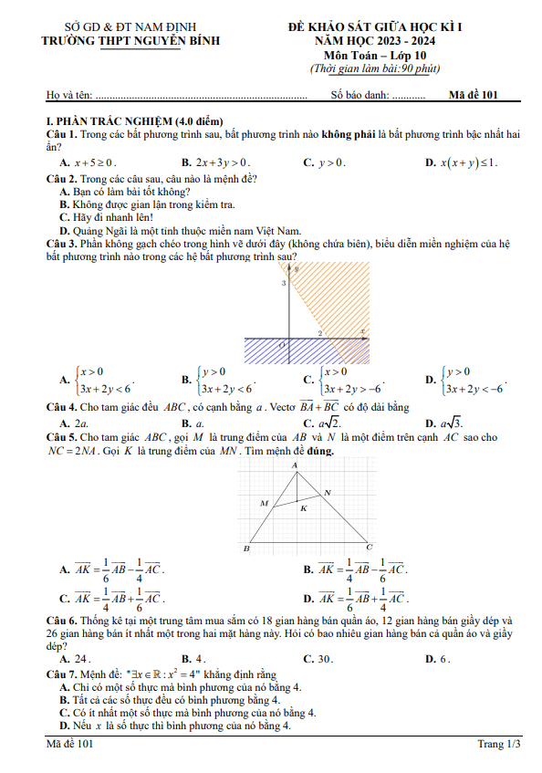 Đề giữa học kì 1 Toán 10 năm 2023 2024 trường THPT Nguyễn Bính Nam Định