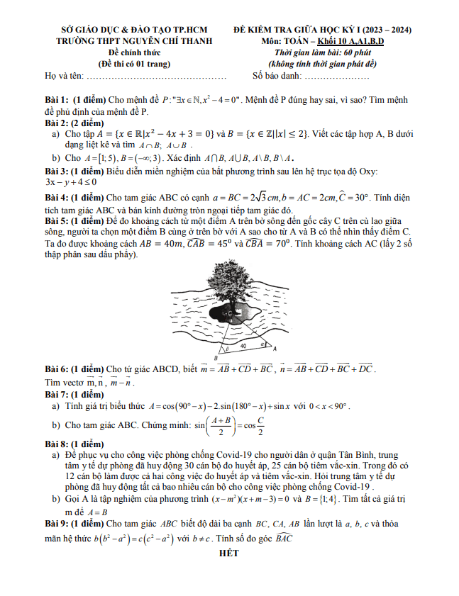 Đề giữa học kì 1 Toán 10 năm 2023 2024 trường THPT Nguyễn Chí Thanh TP HCM