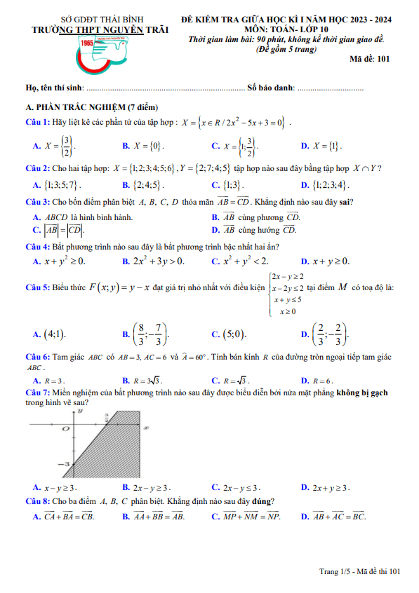 Đề giữa học kì 1 Toán 10 năm 2023 2024 trường THPT Nguyễn Trãi Thái Bình