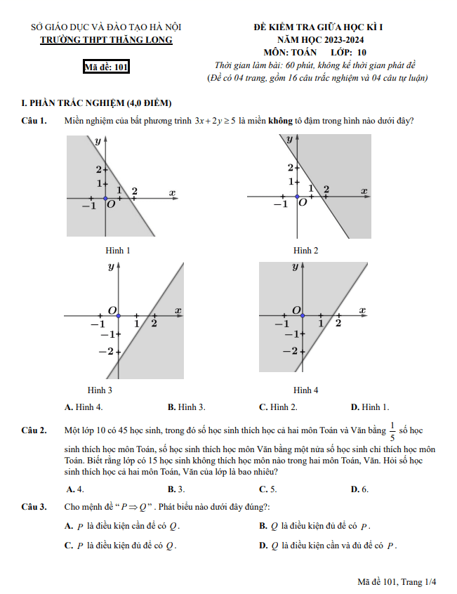 Đề giữa học kì 1 Toán 10 năm 2023 2024 trường THPT Thăng Long Hà Nội