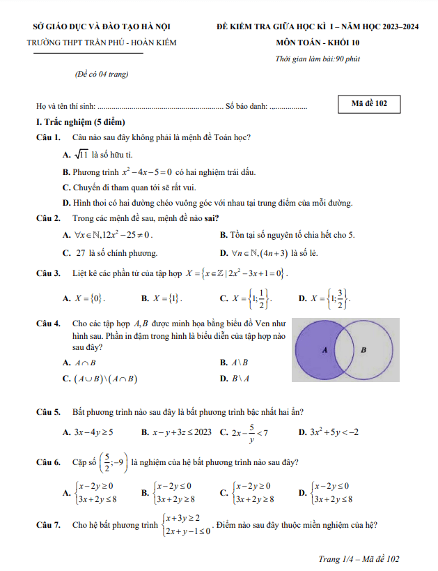 Đề giữa học kì 1 Toán 10 năm 2023 2024 trường THPT Trần Phú Hà Nội