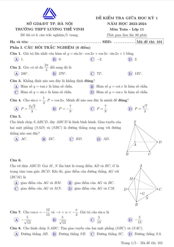 Đề giữa học kì 1 Toán 11 năm 2023 2024 trường Lương Thế Vinh Hà Nội