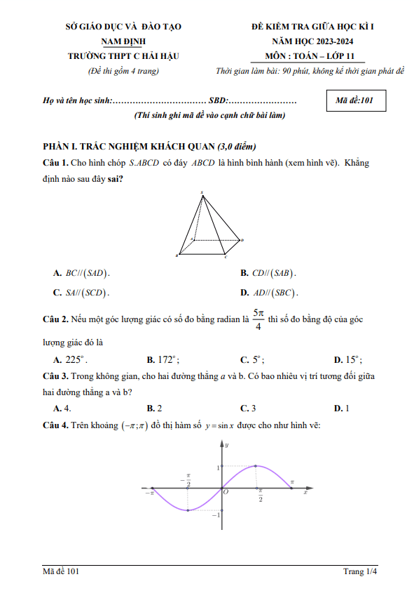 Đề giữa học kì 1 Toán 11 năm 2023 2024 trường THPT C Hải Hậu Nam Định