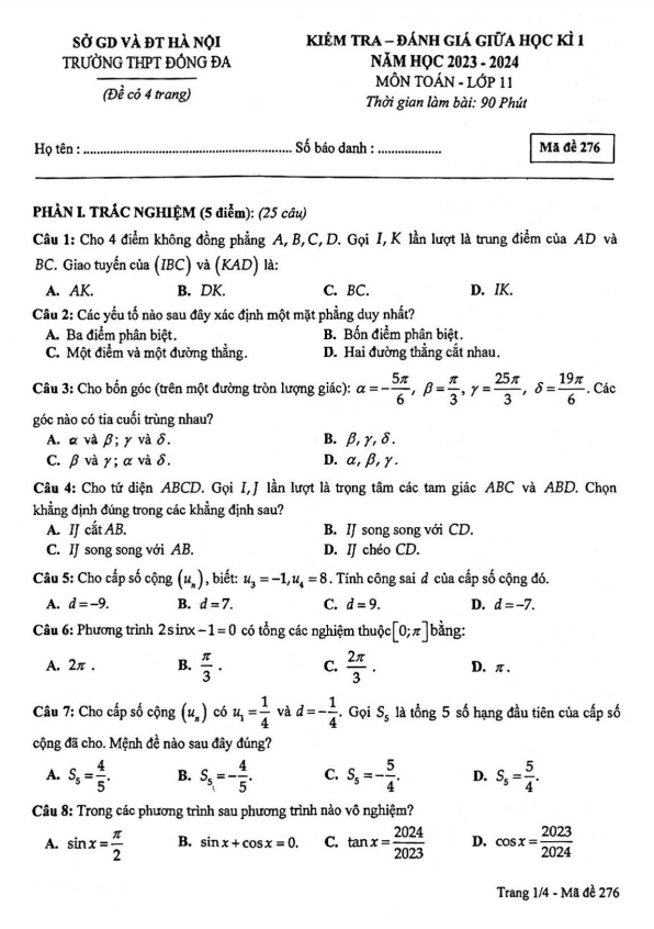 Đề giữa học kì 1 Toán 11 năm 2023 2024 trường THPT Đống Đa Hà Nội