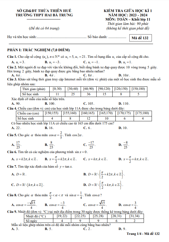 Đề giữa học kì 1 Toán 11 năm 2023 2024 trường THPT Hai Bà Trưng TT Huế