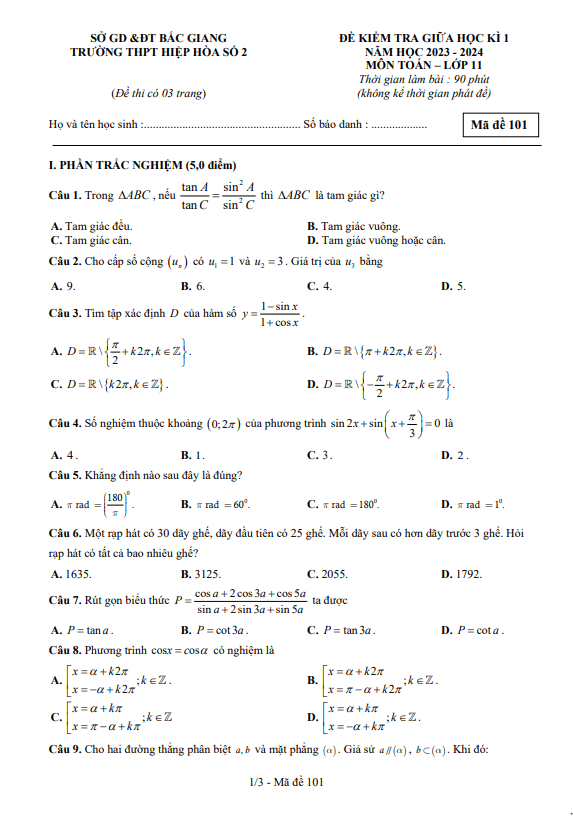 Đề giữa học kì 1 Toán 11 năm 2023 2024 trường THPT Hiệp Hòa 2 Bắc Giang