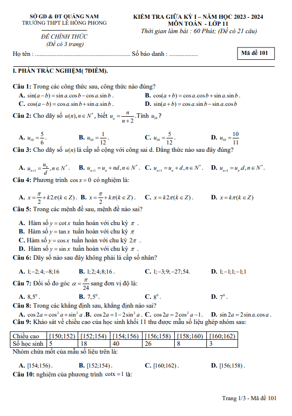 Đề giữa học kì 1 Toán 11 năm 2023 2024 trường THPT Lê Hồng Phong Quảng Nam