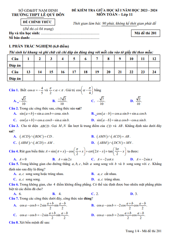 Đề giữa học kì 1 Toán 11 năm 2023 2024 trường THPT Lê Quý Đôn Nam Định