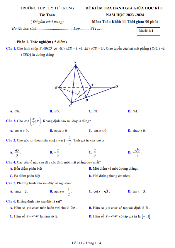 Đề giữa học kì 1 Toán 11 năm 2023 2024 trường THPT Lý Tự Trọng Khánh Hòa