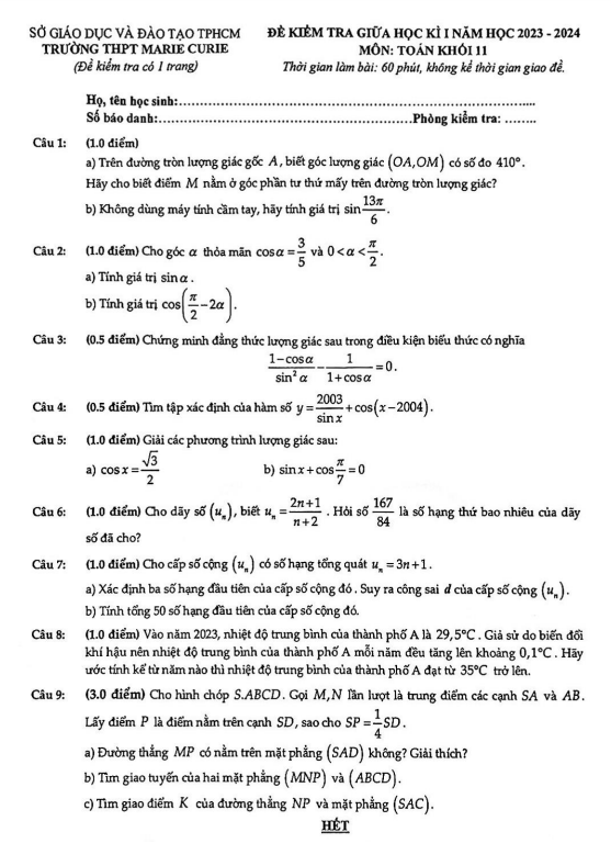 Đề giữa học kì 1 Toán 11 năm 2023 2024 trường THPT Marie Curie TP HCM