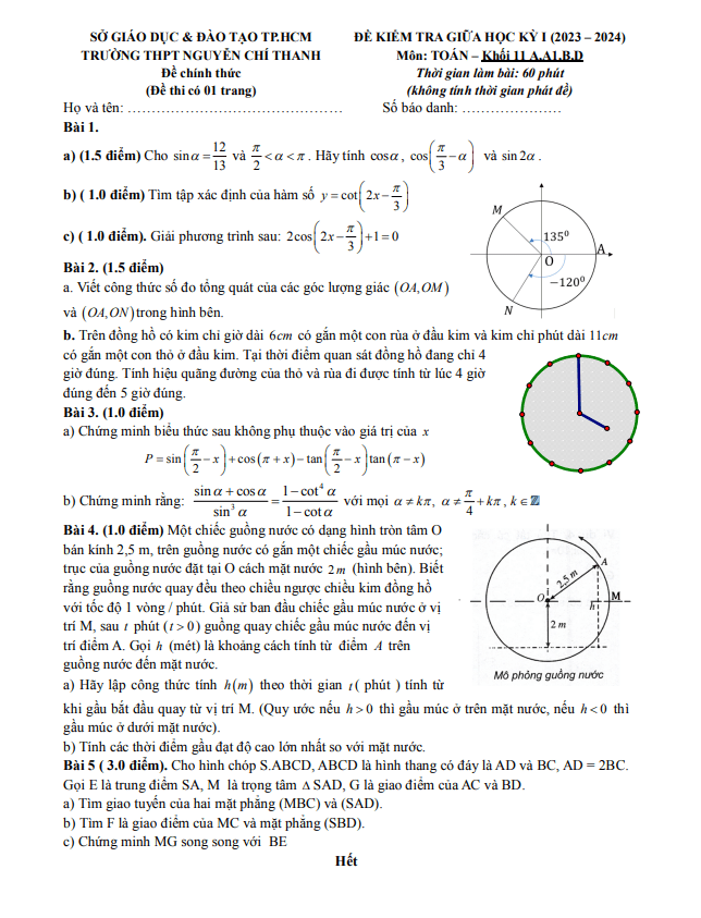 Đề giữa học kì 1 Toán 11 năm 2023 2024 trường THPT Nguyễn Chí Thanh TP HCM