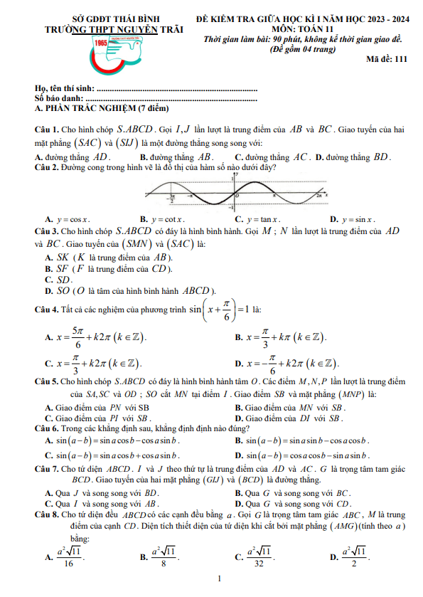 Đề giữa học kì 1 Toán 11 năm 2023 2024 trường THPT Nguyễn Trãi Thái Bình