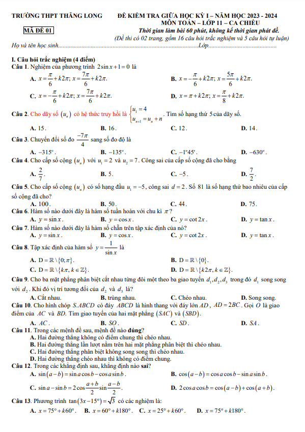 Đề giữa học kì 1 Toán 11 năm 2023 2024 trường THPT Thăng Long Hà Nội