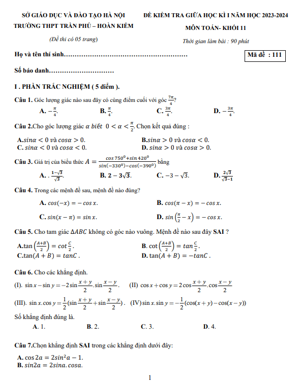 Đề giữa học kì 1 Toán 11 năm 2023 2024 trường THPT Trần Phú Hà Nội