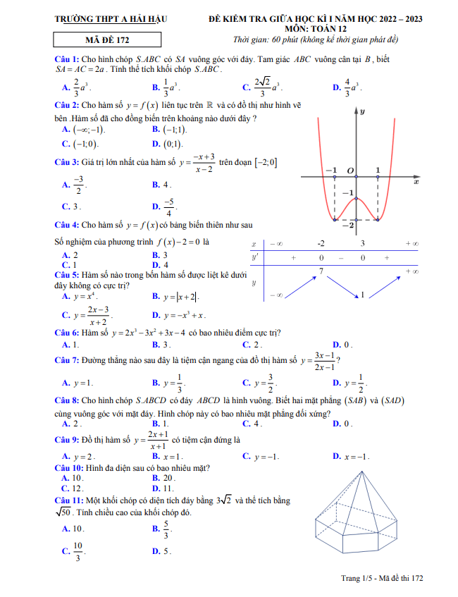 Đề giữa học kì 1 Toán 12 năm 2022 2023 trường THPT A Hải Hậu Nam Định