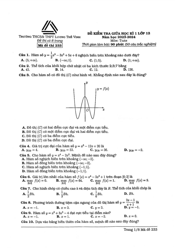 Đề giữa học kì 1 Toán 12 năm 2023 2024 trường Lương Thế Vinh Hà Nội