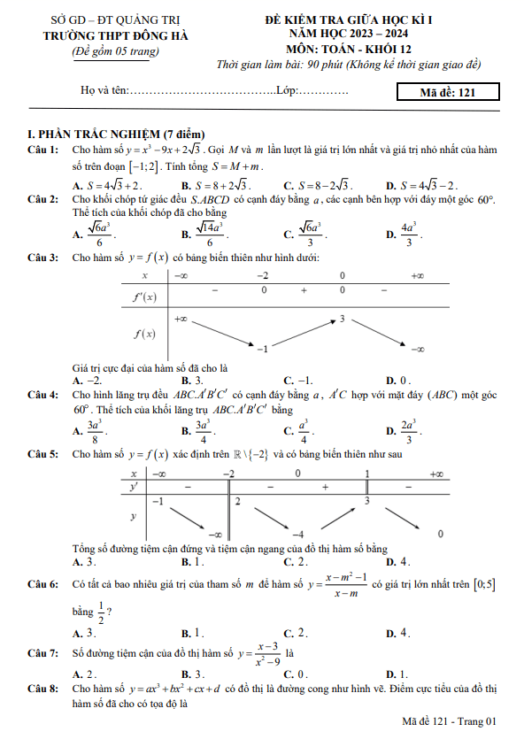 Đề giữa học kì 1 Toán 12 năm 2023 2024 trường THPT Đông Hà Quảng Trị