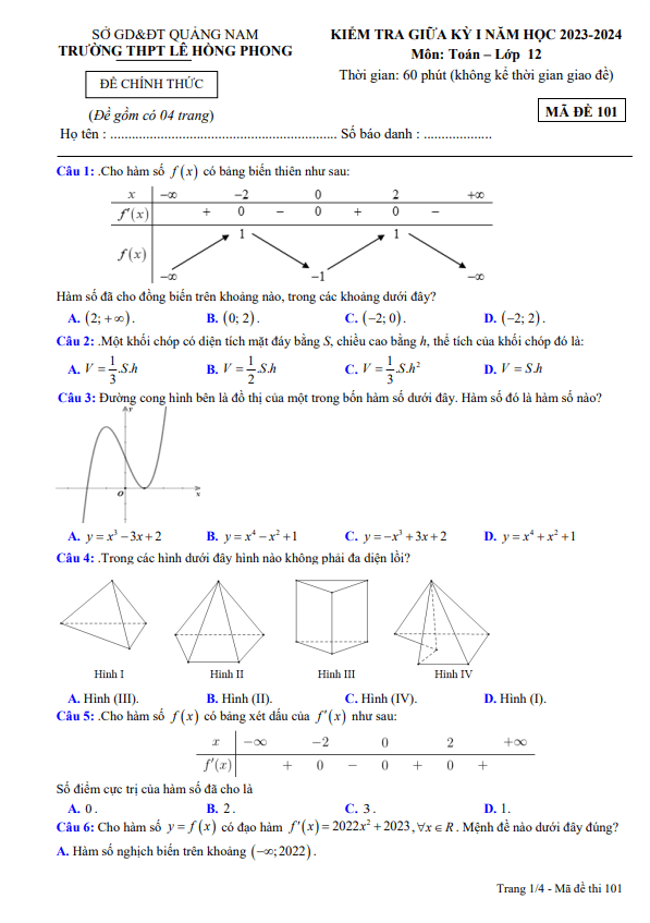 Đề giữa học kì 1 Toán 12 năm 2023 2024 trường THPT Lê Hồng Phong Quảng Nam