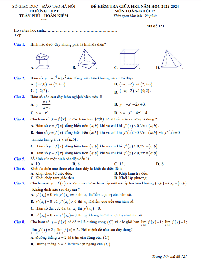 Đề giữa học kì 1 Toán 12 năm 2023 2024 trường THPT Trần Phú Hà Nội