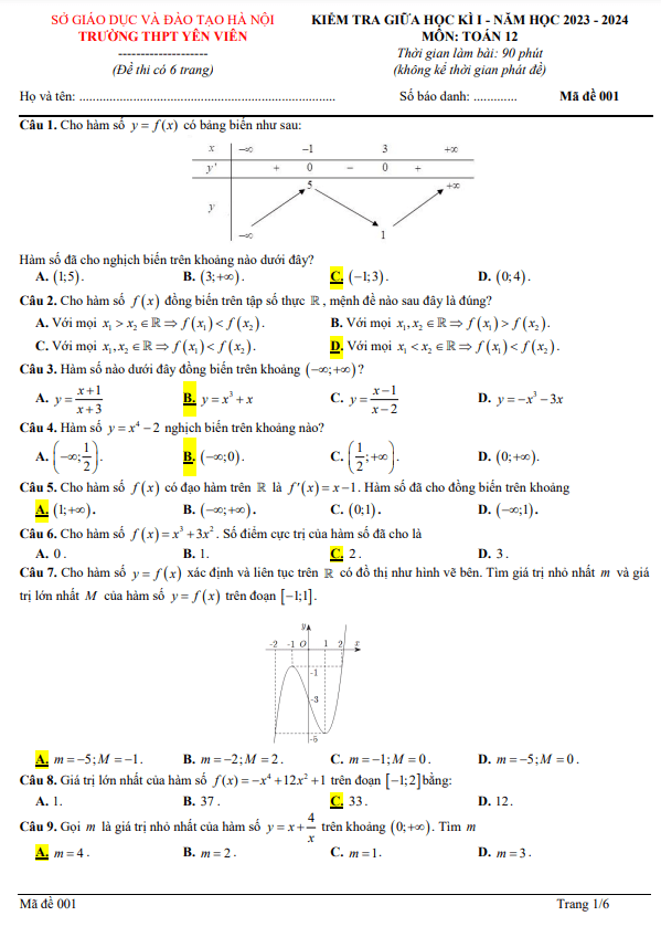 Đề giữa học kì 1 Toán 12 năm 2023 2024 trường THPT Yên Viên Hà Nội