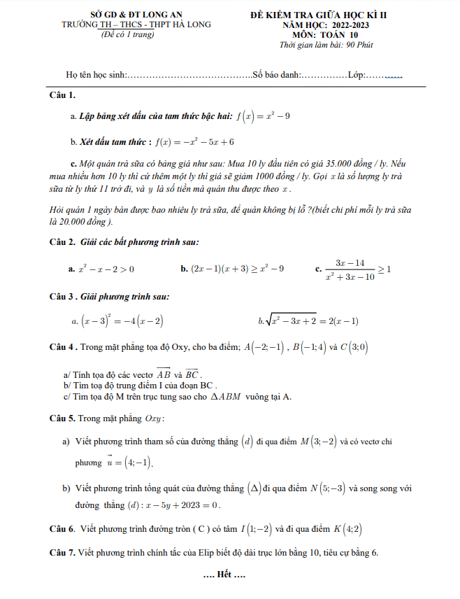 Đề giữa học kì 2 Toán 10 năm 2022 2023 trường Hà Long Long An