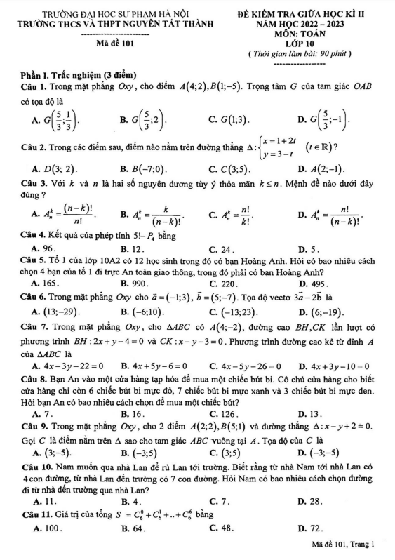 Đề giữa học kì 2 Toán 10 năm 2022 2023 trường Nguyễn Tất Thành Hà Nội