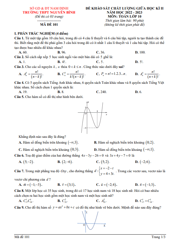 Đề giữa học kì 2 Toán 10 năm 2022 2023 trường THPT Nguyễn Bính Nam Định