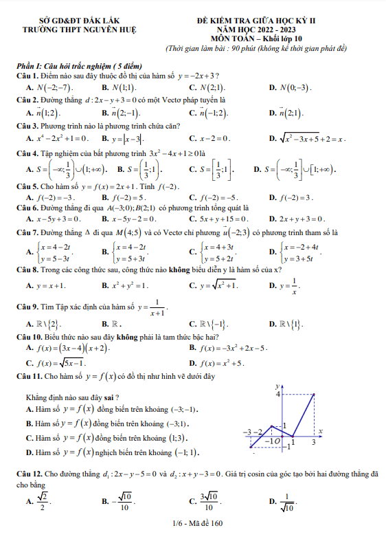 Đề giữa học kì 2 Toán 10 năm 2022 2023 trường THPT Nguyễn Huệ Đắk Lắk