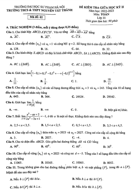 Đề giữa học kì 2 Toán 11 năm 2022 2023 trường Nguyễn Tất Thành Hà Nội