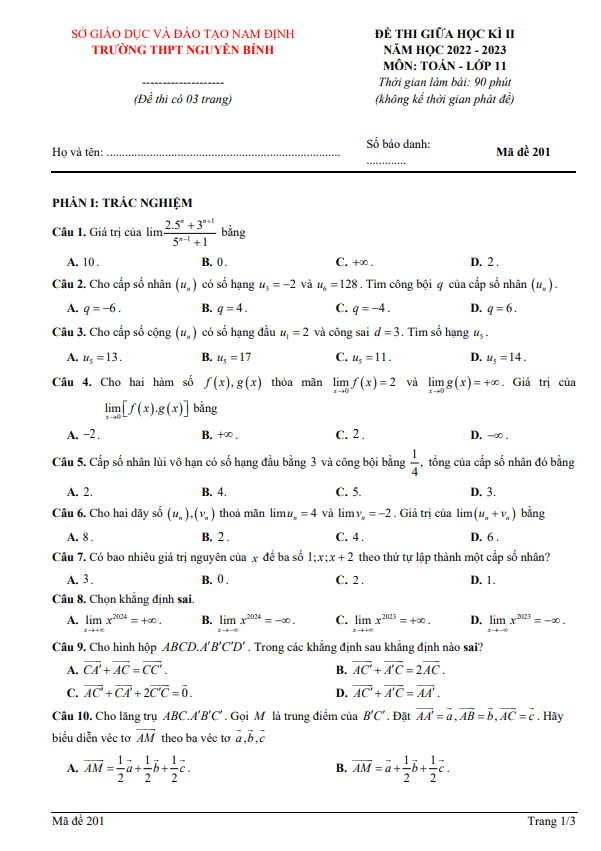 Đề giữa học kì 2 Toán 11 năm 2022 2023 trường THPT Nguyễn Bính Nam Định