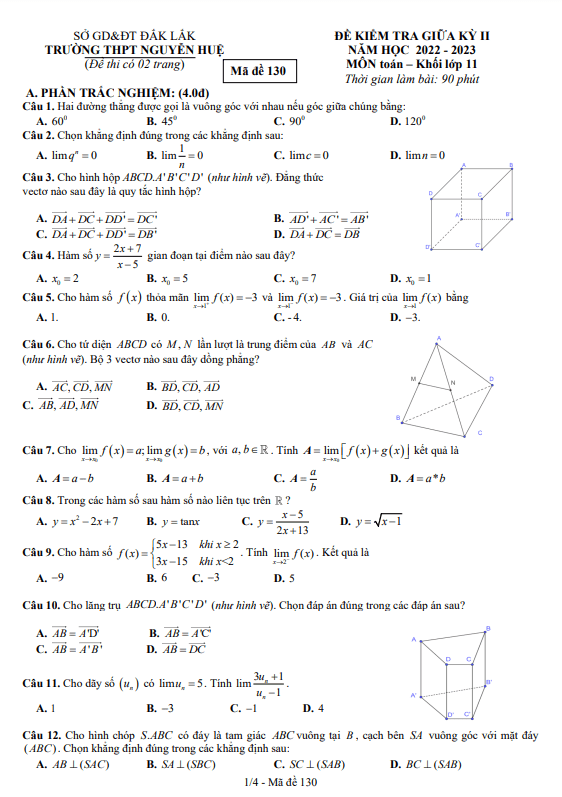 Đề giữa học kì 2 Toán 11 năm 2022 2023 trường THPT Nguyễn Huệ Đắk Lắk