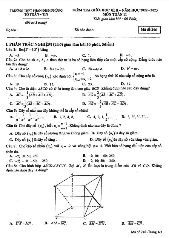 Đề giữa học kì 2 Toán 11 năm 2022 2023 trường THPT Phan Đình Phùng Hà Nội
