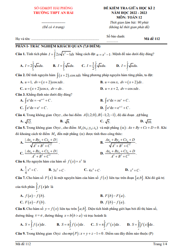 Đề giữa học kì 2 Toán 12 năm 2022 2023 trường THPT An Hải Hải Phòng