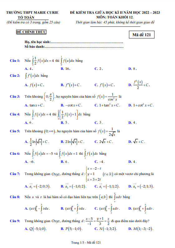 Đề giữa học kì 2 Toán 12 năm 2022 2023 trường THPT Marie Curie TP HCM