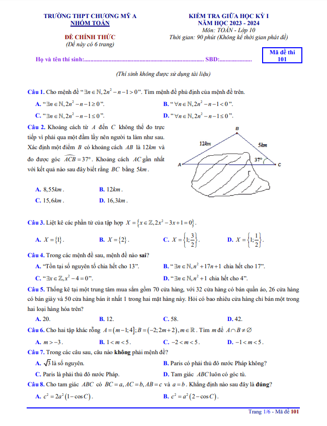 Đề giữa học kỳ 1 Toán 10 năm 2023 2024 trường THPT Chương Mỹ A Hà Nội