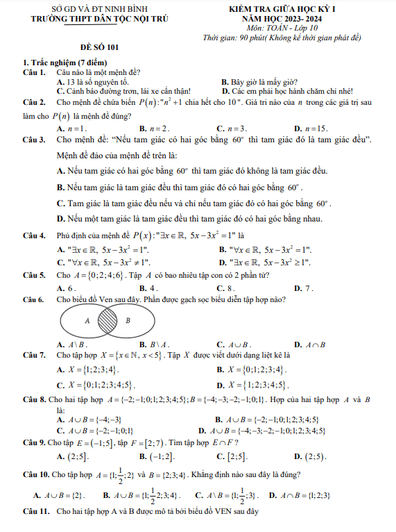 Đề giữa học kỳ 1 Toán 10 năm 2023 2024 trường THPT DTNT Ninh Bình