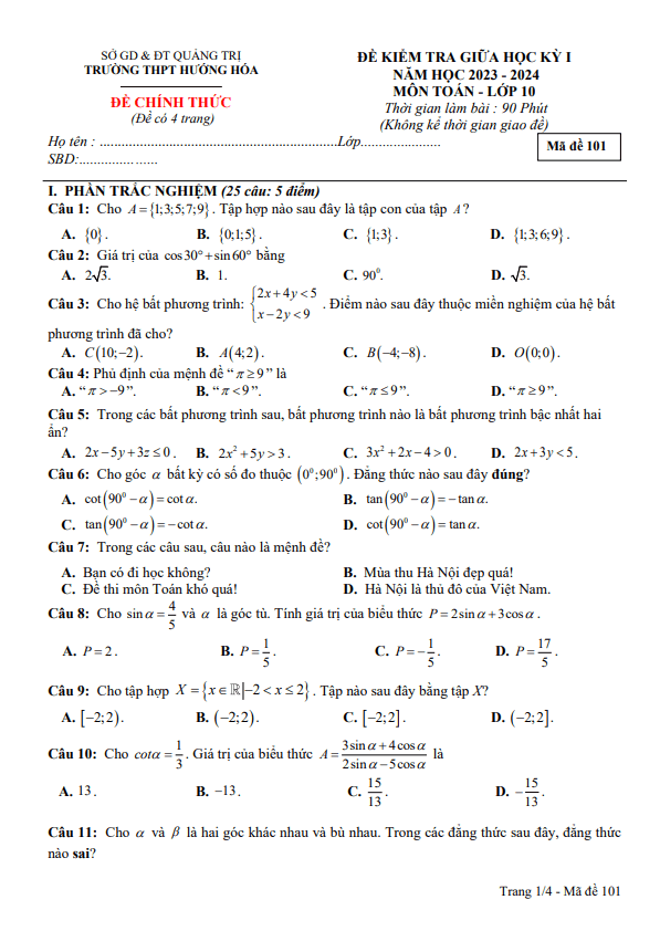 Đề giữa học kỳ 1 Toán 10 năm 2023 2024 trường THPT Hướng Hóa Quảng Trị